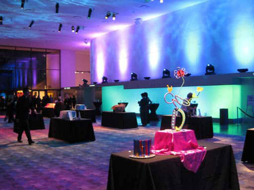 event set up in room with colored lights